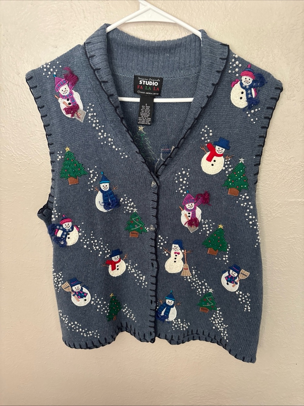 Vintage Designers Originals Blue Embroidered Snowman Vest